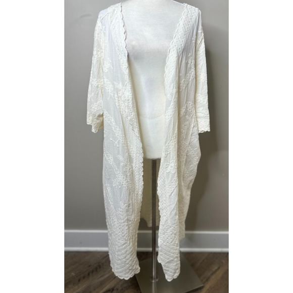 Cactus & Pearl XL Embroidered Kimono Duster Ivory Open Front Cardigan Boho Fairy - Picture 2 of 15